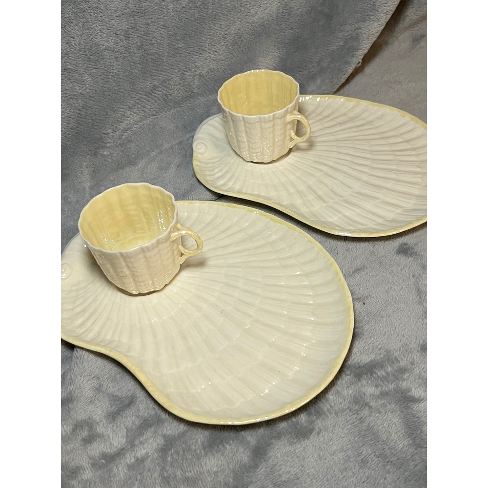 Belleek Neptune Yellow Shell Cup Snack Plate Set of 2 Pair Ireland R16 No 085